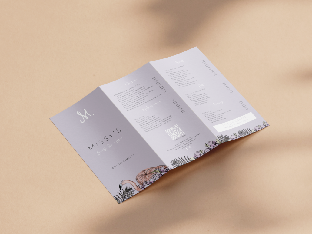 The front of missy's price list, featuring their brand illustrations and colours.
