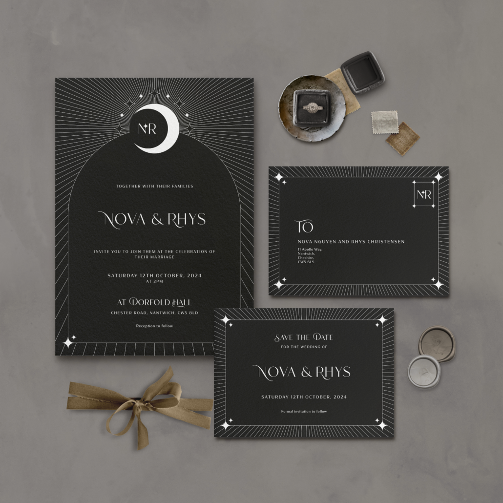 Aurora wedding stationery house collection flat lay by The Little Paper Shop Nantwich