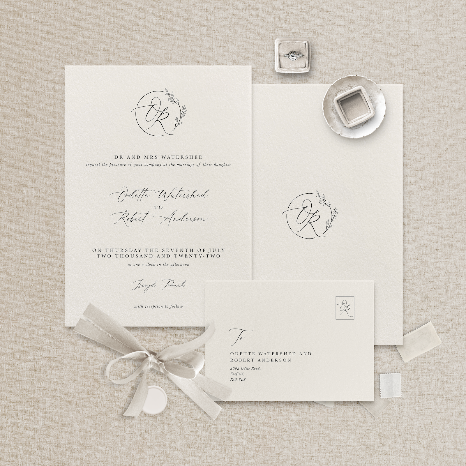 The Little Paper Shops new wedding stationery house collection flat lay of 'Harriet'.